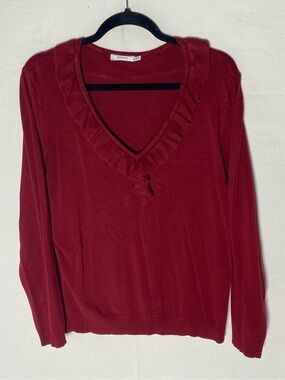 Ricki’s Burgundy Red Ruffle V Neck Rayon Blend Knit Sweater Top XL